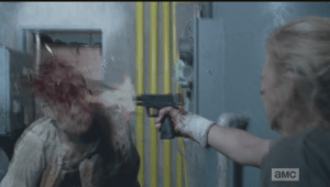 Beth shoots the basement walkers in a series of super gory effects, courtesy of Nicotero & Co.