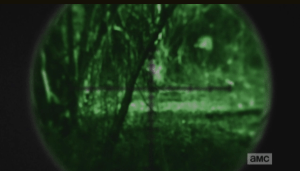 Upon hearing a noise, Sasha whirls and aims, sees a white figure disappear quickly into the woods through the night scope...