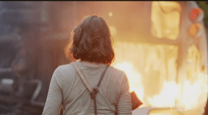The bus, and all their stuff in it, explodes into flames.