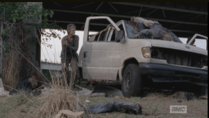 Gingerly, they emerge from the van...Daryl seems ok, but Carol's shoulder is hurt pretty bad, it seems.