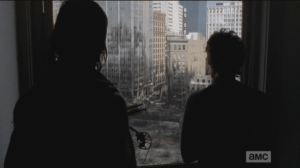 As Daryl and Carol look over the ruined city of Atlanta, Carol remarks that he never asked her what happened after she got up with Tyrese and the girls...Daryl replies that he knows what happened, as the girls aren't here any longer...