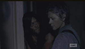 Carol automatically goes to the door, so used to having to be the one to take care of things like this, these days...Daryl stops her, tells her she doesn't have to do this...