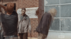 ...a tire rolls out of the open fire station doorway, followed by a stream of walkers. The gang must get to rekilling...