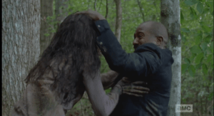 A little ways into the woods, just as Carl predicted, Gabriel finds trouble in the woods, in the form of Walker of the Flock.