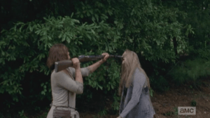 ...while Maggie goes it bayonet-style...