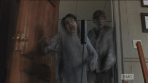 And as Gabriel dives for the crawlspace hole in the floor, Machete Walker falls through the door, towards Gabriel...