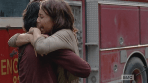 Maggie, overjoyed at hearing this news, grabs up Glenn in a hug, while Tara says,