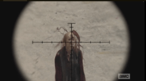 In reply, a perfectly placed shot by Sasha, sniper style, takes out the walker behind them.