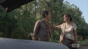Glenn steps up, reaches a hand out to Maggie and stops her from shooting the lock. When Maggie tells him about the walker in the trunk, Glenn steps forward, manages to get the trunk open, and rekills the walker with a knife to its head. He then turns to Maggie, and gently says,