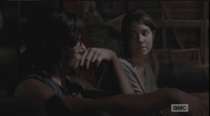 Maggie goes over and sits down next to Daryl. She gently urges him to get some sleep, tells him,