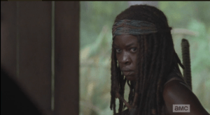 Michonne has got her game face on, looking like a total badass.