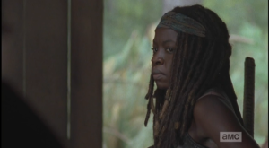 Michonne's reaction to Rick's baiting comment is awesome...she narrows her eyes, says nothing, turns and walks out the door.