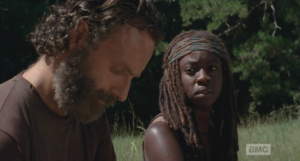 Meanwhile, sitting on the hood of the back car, Michonne looks over at Rick, tells him the fight's over...it's time to let it go. Michonne, Michonne, Michonne, the fight is never over, or there wouldn't be a show...but maybe everyone can get some rest, and some food, and a chance to party naked for a while.