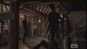 After the volunteer troupe leaves, Rick turns to the others, says that if they're all in the barn, they're a target. He orders them outside, in groups of twos, within eyeshot. Daryl tells him he's got the area covered. They file out, leaving Rick, Aaron, and Judith in the barn.