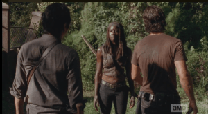 Just as Glenn is hitting rock bottom, telling Rick that, basically, nothing matters, Michonne says one word: