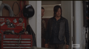 In reply, Aaron brings Daryl to the garage, which is stocked with tools, a motorcycle frame, and many, many parts. Aaron explains that the frame and the tools were there already, that whoever lived here, before, must have built bikes.