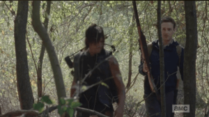 Meanwhile, as they make their way through the woods, Aaron asks Daryl if he ever rode...Aaron's talking about horses, but Daryl replies that he used to ride bikes. Aaron jokes that he's assuming that Daryl isn't talking about 10-speeds...