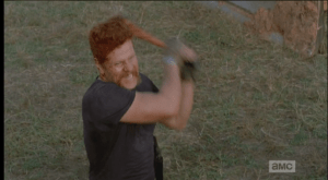 Abraham continues to singlehandedly massacre the oncoming walkers, armed with only a wrench-sized metal stick.