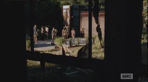 Carl stays back a moment, looking at the window, before turning and following the others. The perspective shifts, and we see Carl and the gang walking towards the opening gate from inside the house, looking out through the window.