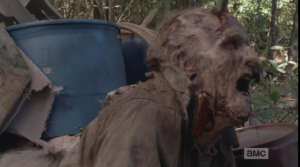 Buh bye, Grabby Walker.  Later, on TD, Chris Hardwick and guests speculated on whether whoever stole Rick's gun also planted the walker there as a grabby, bitey booby trap...but how would you make the walker stay put? 