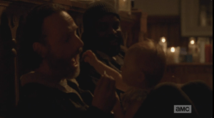 ...Sasha starts to have flashback moments of the gang, with Bob and Tyreese, at Gabriel's church.