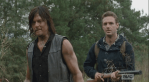 Daryl prepares to go in, and after a moment, Aaron follows him. It is the code with Daryl and his people that they will go in, even to ease a poor animal's suffering, as opposed to Alexandrian code, as we will see, which is pretty much,