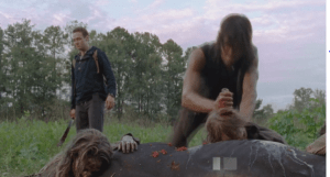 Daryl rekills the last walker feeding on the disembowled horse, which is horribly still alive.