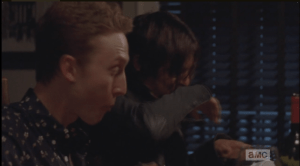 ...and, wiping his mouth on his sleeve, thanks Aaron and Eric for dinner. Poor guy...where was he going to learn proper table manners, being raised by a drunk mom, who then became a dead mom, a drunk abusive dad, and a shitty older brother?