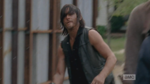 Daryl, pissed, grabs up his crossbow and stalks off.  Awww. sorry, Daryl, but Michonne did a lot better with the interview!