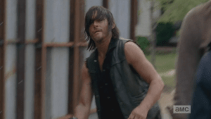 Daryl, pissed, grabs up his crossbow and stalks off. Awww. sorry, Daryl, but Michonne did a lot better with the interview!
