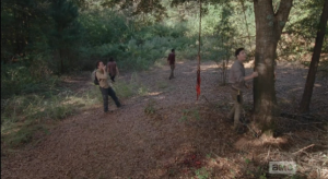 Nicholas proves himself to be even more of a dumbass by whistling loudly through his finger and thumb, trying to attract back the walker. Starting to see how those four people got killed on that run...