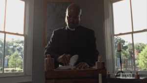 Gabriel continues tearing pages out of the bible.