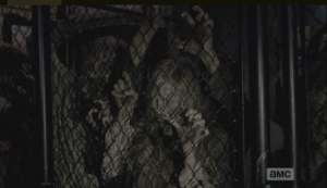 It is probably one of the few opportunities someone like Aiden has had to really observe the walkers, close up...he looks really freaked.