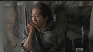 It takes a while, and poor Glenn must bear witness to it all, the sights, the sounds, the sorrow of his friend and comrade being torn apart, and eaten, before his very eyes.