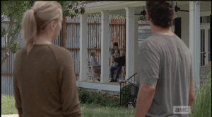 Jessie has an idea where they might be, and she brings Rick to an elder couple's home, where Carl and Judith are, sure enough, getting exclaimed over by the couple (who had five children, and twelve grandchildren, before...ugh, awful to think about that scope of loss).