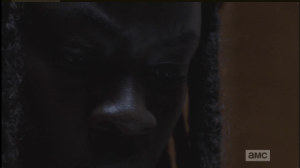 Meanwhile, back at the party, Michonne is getting meta out on the veranda.