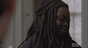 Michonne appreciates the funny mental pic of Constable Dixon meting out his own special brand of justice in Alexandria.