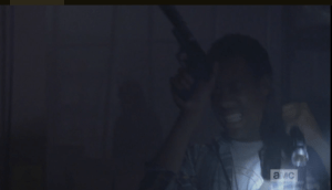Noah emerges, dazed...Glenn tells him the cage is open. Noah turns and sees the walkers, freely moving about.