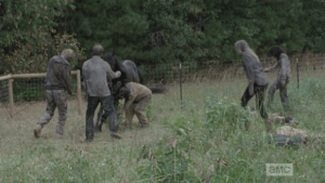 Before the men can act, the walkers surround the horse and savagely attack it as it whinnies helplessly.