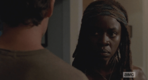 Michonne's face gets even more serious.