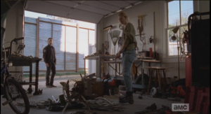 Rick stops by and sees Jessie in her garage, picking up pieces of owl sculpture...it seems someone finished the owl demolition job that Rick accidentally started when he crashed into the sculpture during his wack attack a couple of episodes back...