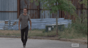 As soon as he steps out into the road, Rick starts to get freaked when he doesn't see his children around, anywhere.
