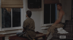 Sasha sits, looking out the window, not talking, while Abraham sits in the corner, sneaking mournful looks over Rosita's way. Poor guy.