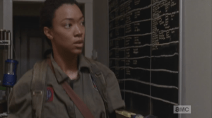 We see Sasha walking into the Alexandria Storeroom and Gun Lending Library, followed by Olivia, who's like,