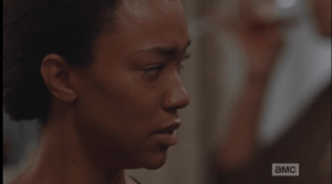 Sasha, meanwhile, is not having as much fun at the party as Rick Grimes...at Deanna's behest, she tries to mingle, but she starts to bug out at the cocktail party gossip and chatter going on all around her.