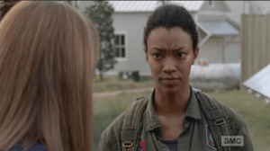 Sasha immediately volunteers to take as many lookout shifts as possible... Deanna is looking a little spooked by Sasha, and the entire conversation. She looks at Sasha, asks,