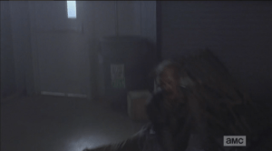 Eugene busts a cap in another walker's leg, dropping it. The door is right there...