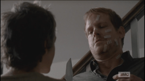 Carol brings the knife down, invites McBeaty,