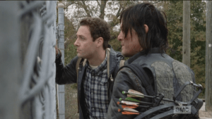 Daryl points out that if they do this now, it means they've given up on finding the man with the red jacket. Aaron replies that home is 50 miles that way...it's time to go.