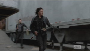 Daryl and Aaron make a run for it, only to find their way blocked by another large group of walkers...it seems the trailers open at both ends once the booby trap mechanism is set off.